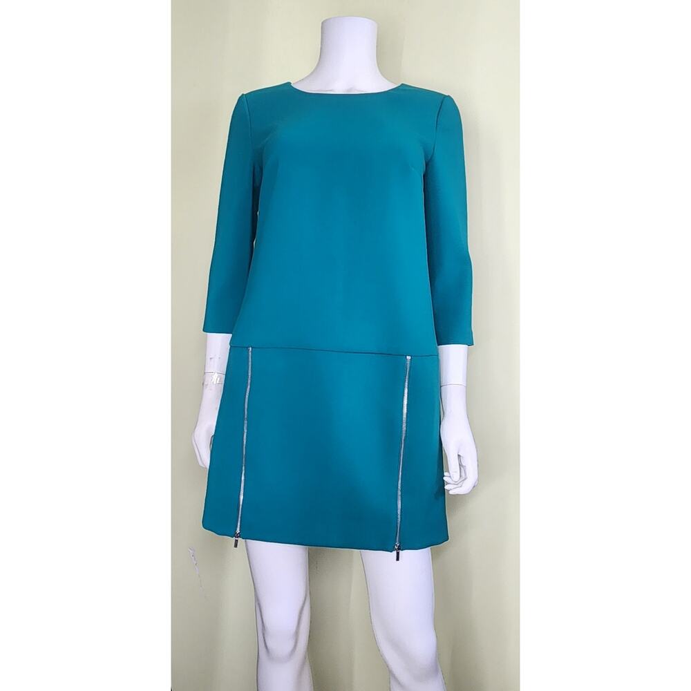 Ann Taylor Shift Sheath Dress Size 2 Teal Green 3/4 Sleeve Zipper Accent Classic
